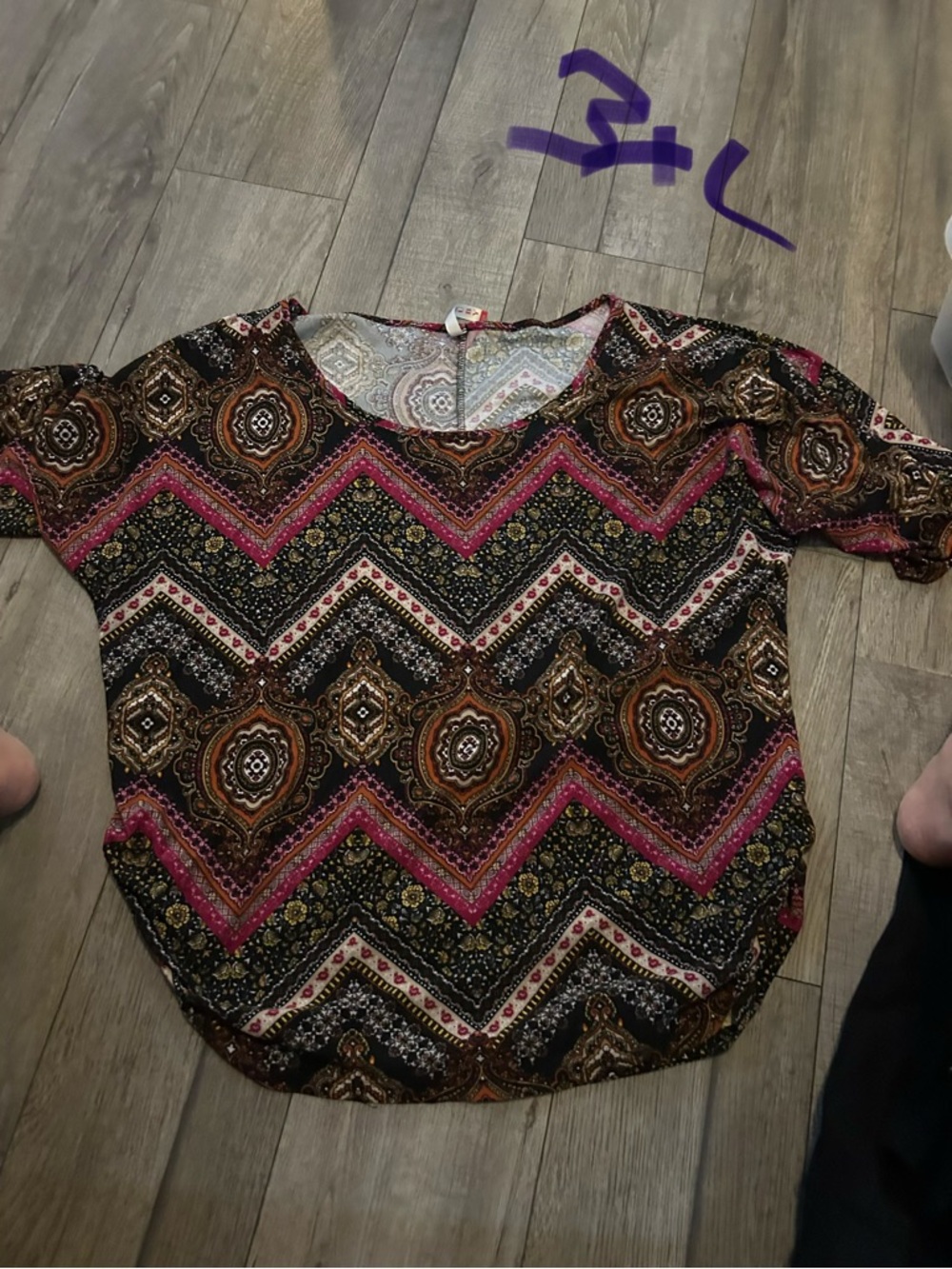Women's Bohemian Chevron Print Blouse - Black, Pink & Brown